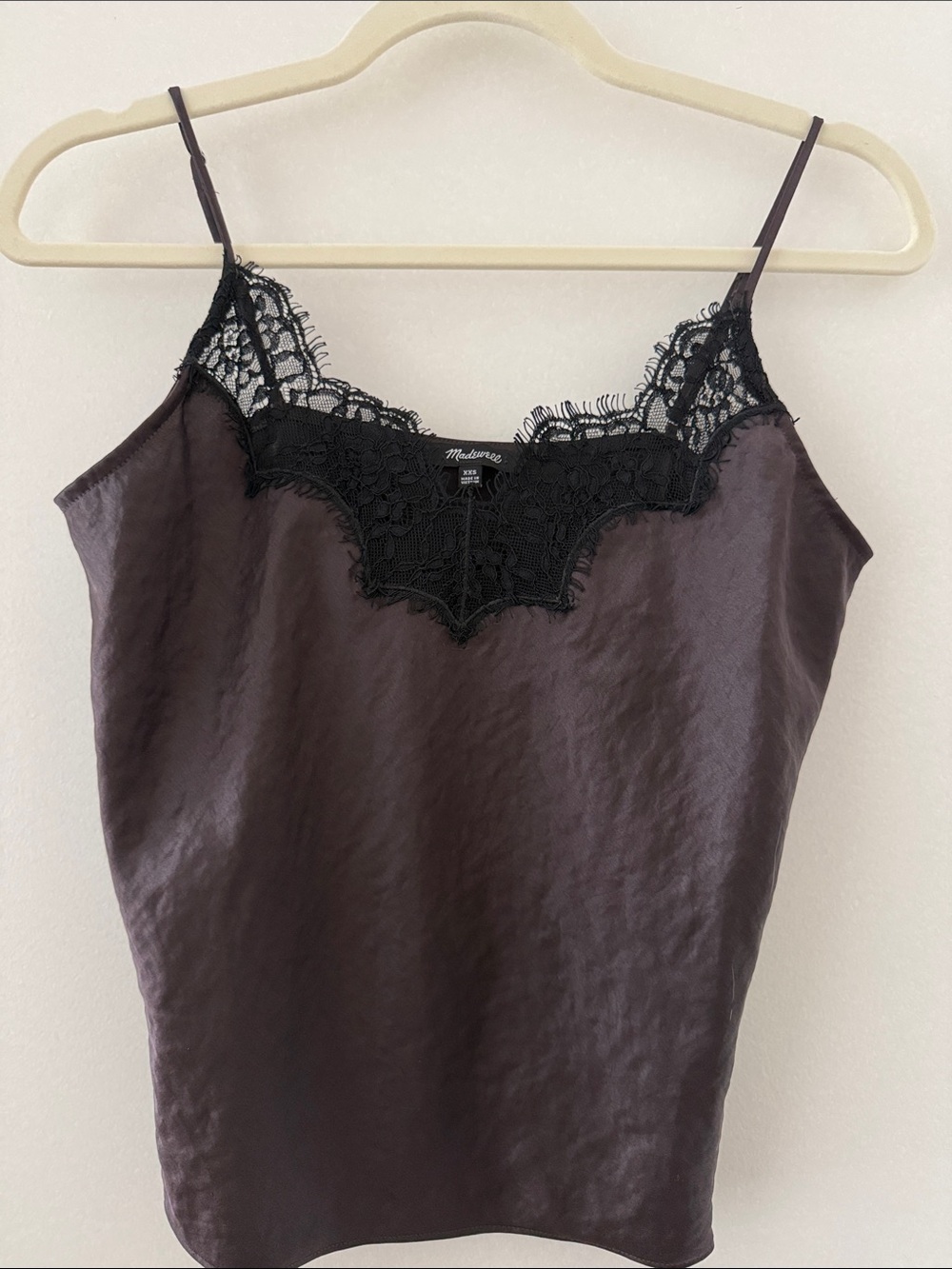Madewell Dark Brown Satin Cami with Black Lace Trim